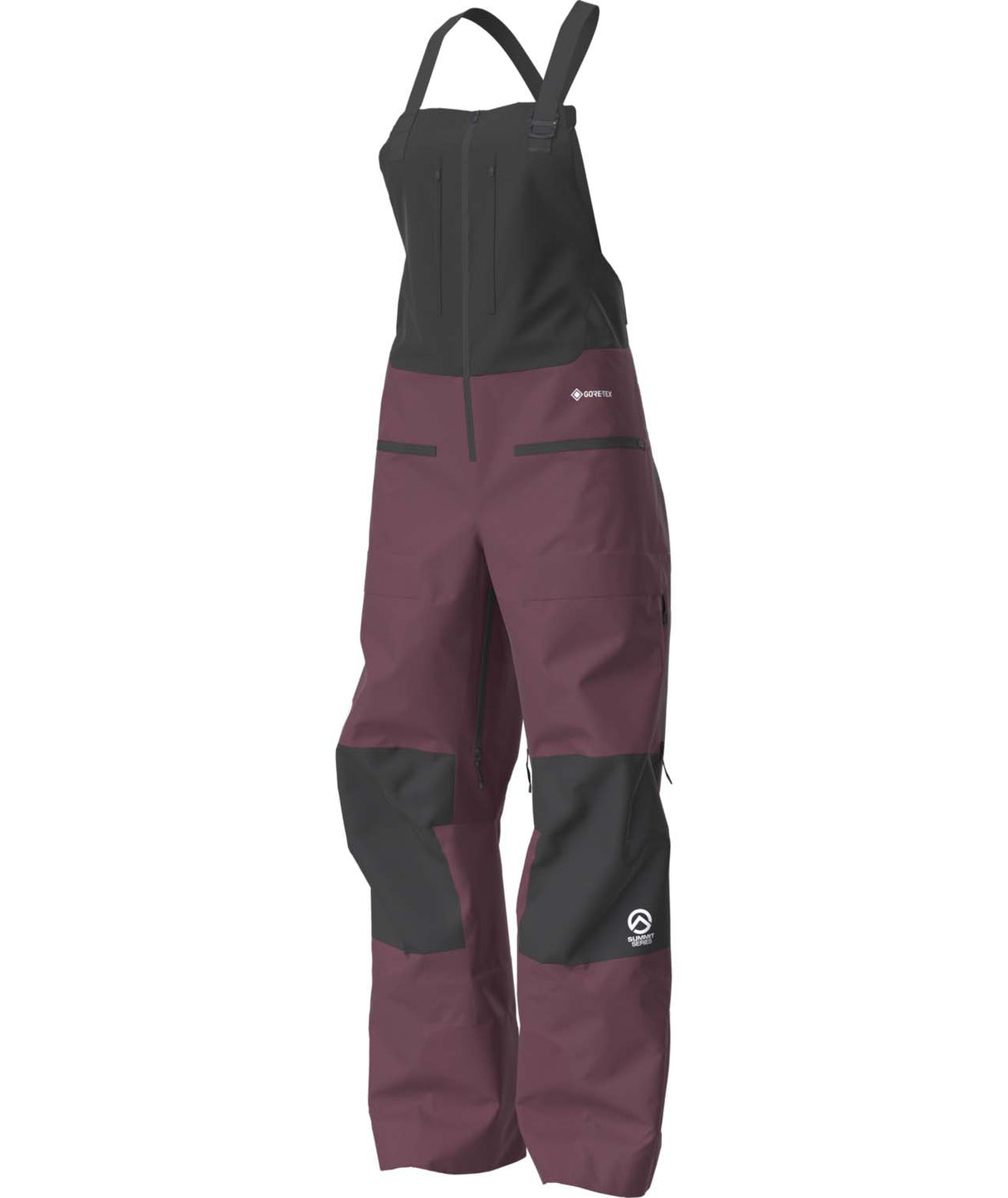 WSummitVerbierGTXBib-Purple bib overalls with black accents on a white background