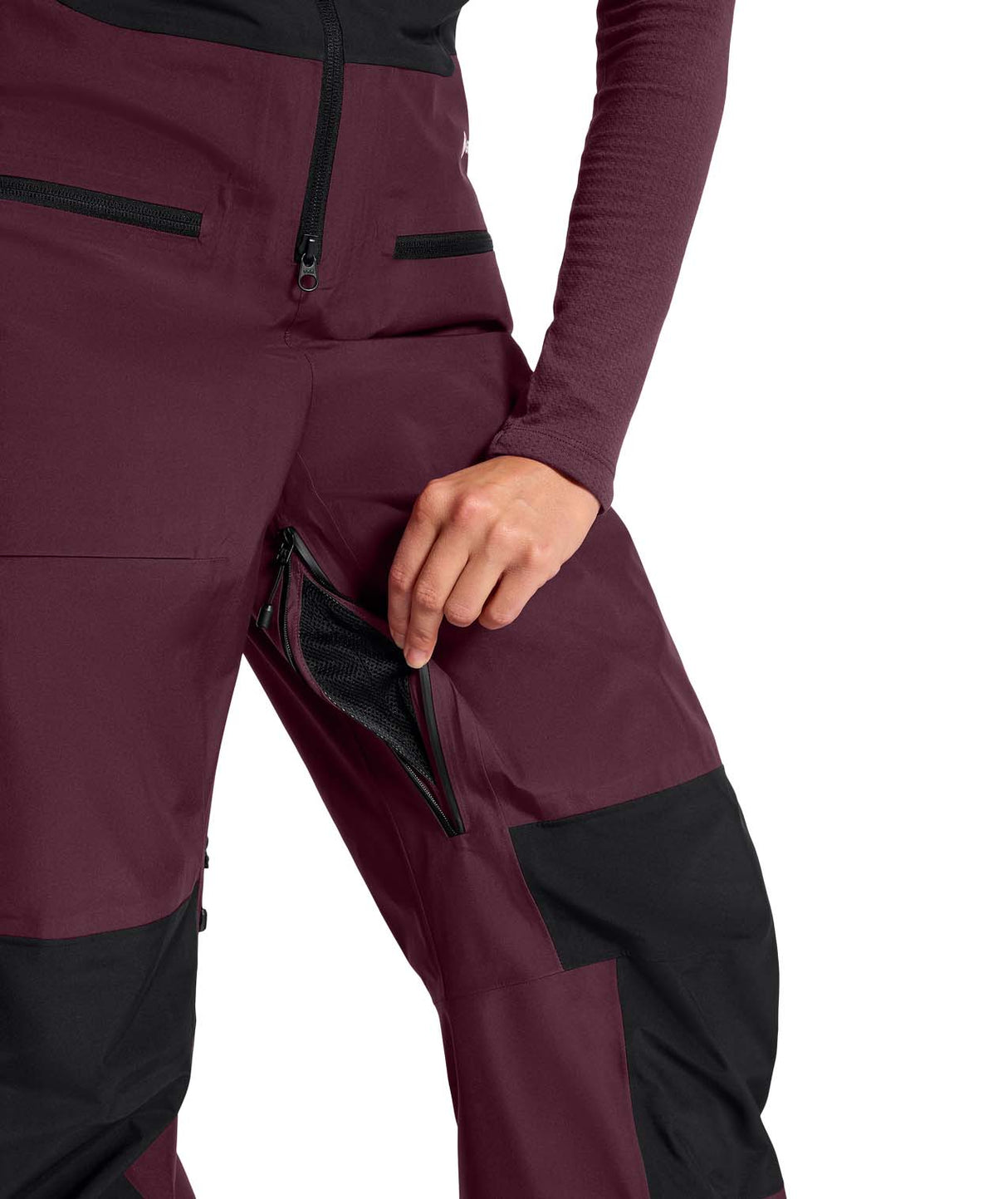 WSummitVerbierGTXBib-Maroon and black pants with a person wearing them on a white background