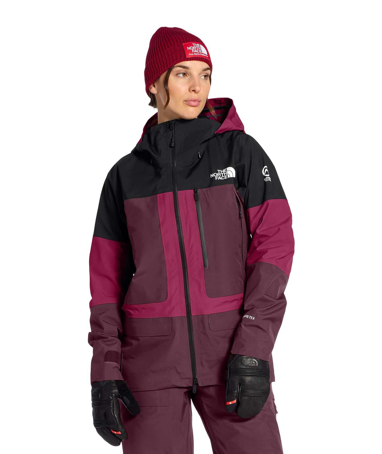 WSummitVerbierGTXJacket-Person wearing a maroon and black jacket with a hood on a white background