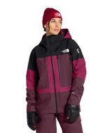 WSummitVerbierGTXJacket-Person wearing a maroon and black jacket with a hood on a white background