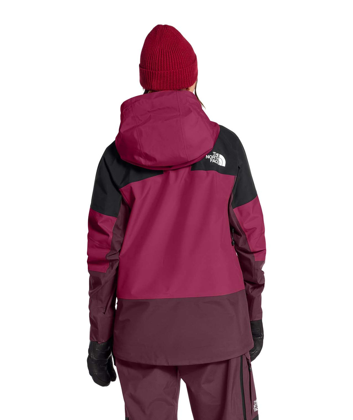 WSummitVerbierGTXJacket-Person wearing a maroon and black jacket with a hood on a white background
