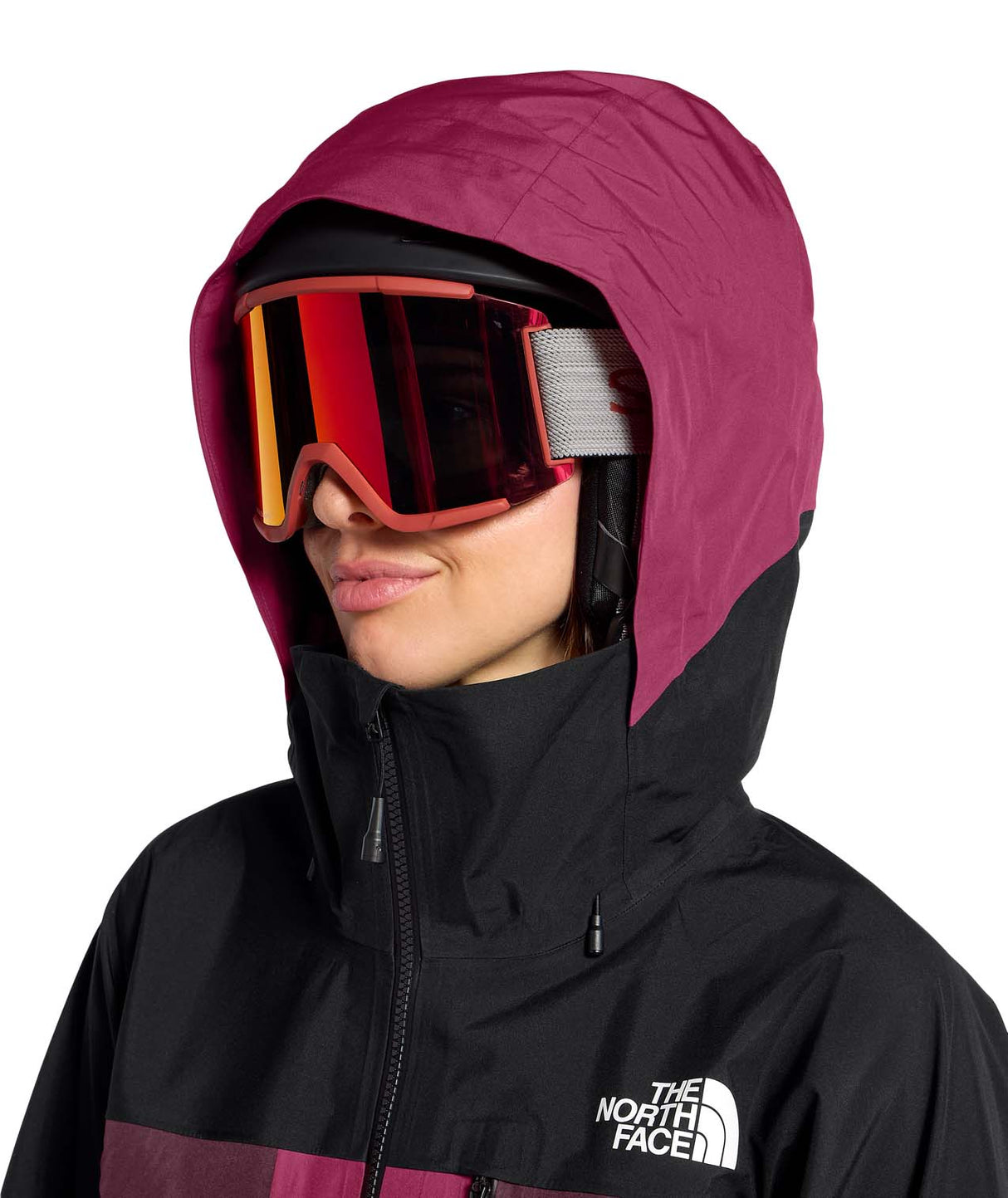 WSummitVerbierGTXJacket-Person wearing a maroon and black jacket with a hood on a white background