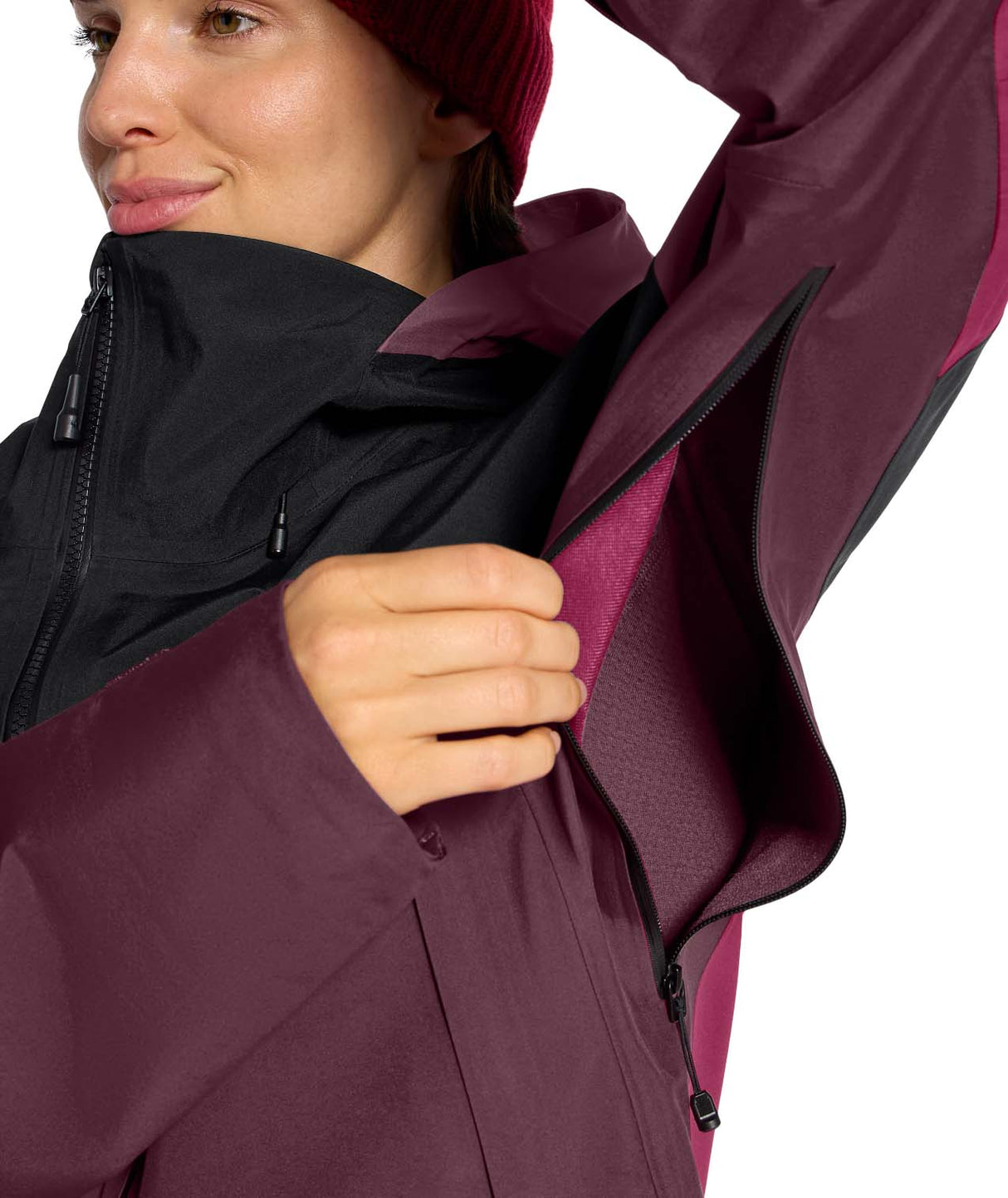 WSummitVerbierGTXJacket-Person wearing a maroon and black jacket with a hood on a white background