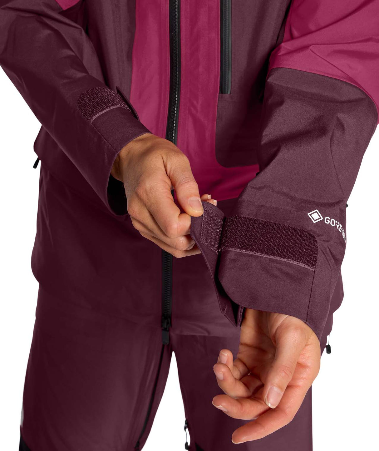 WSummitVerbierGTXJacket-Person wearing a purple outdoor jacket with GORE-TEX branding on a white background