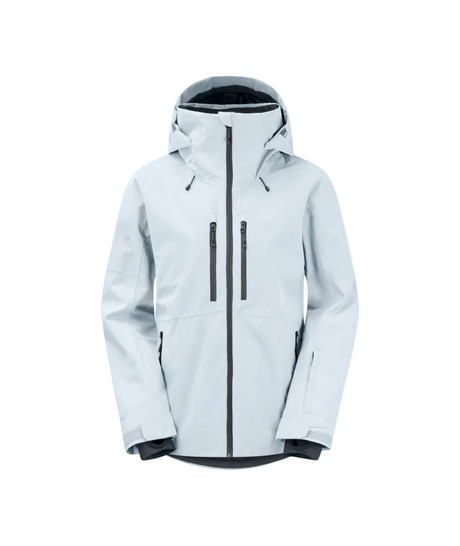 WSygnaJacket-A light gray hooded outdoor jacket with black zipper details, shown against a white background.