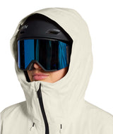 WTHERMOBALLSnowTriclimate-Person wearing a white hooded jacket with a blue reflective visor on a white background