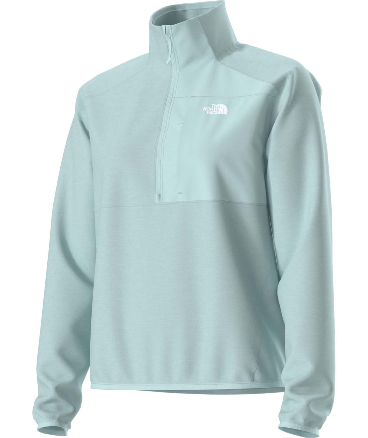 WTNFPerformanceFleece1_4Zip-Light blue quarter zip with white North Face Logo on a white background
