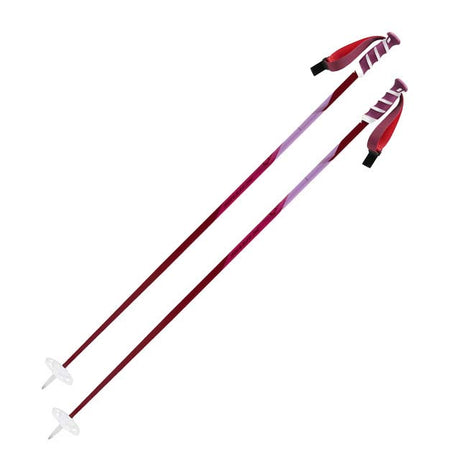 WTechliteProSkiPole- A pair of ski poles with dark red shafts, purple gradient handles, and white tips, shown against a plain white background.