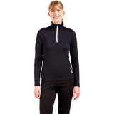 WTista1_2ZipMidlayer- A woman modeling a black long-sleeve half-zip athletic top with a white zipper pull, paired with black leggings, against a plain white background.