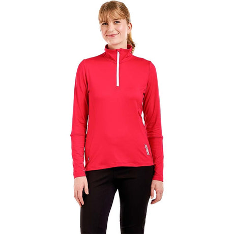 WTista1_2ZipMidlayer- A woman modeling a red long-sleeve half-zip athletic top with a white zipper pull, paired with black leggings, against a plain white background.