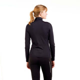 WTista1_2ZipMidlayer- A woman modeling a black long-sleeve half-zip athletic top with a white zipper pull, paired with black leggings, against a plain white background.