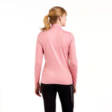 WTista1_2ZipMidlayer- A woman modeling a pink long-sleeve half-zip athletic top with a white zipper pull, paired with black leggings, against a plain white background.