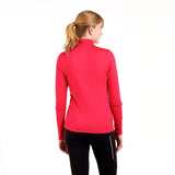 WTista1_2ZipMidlayer- A woman modeling a red long-sleeve half-zip athletic top with a white zipper pull, paired with black leggings, against a plain white background.
