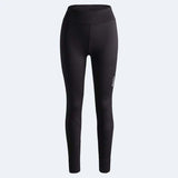 WTistaMidlayerTights- Black high-waisted athletic leggings with a small white vertical logo on the left leg, displayed on a light gray background.