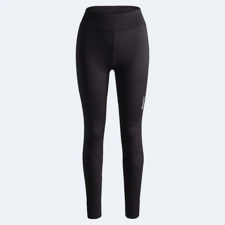 WTistaMidlayerTights- Black high-waisted athletic leggings with a small white vertical logo on the left leg, displayed on a light gray background.