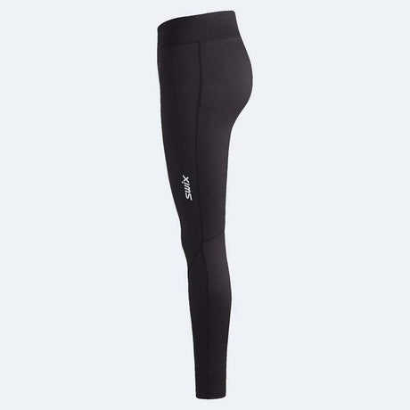 WTistaMidlayerTights- Black high-waisted athletic leggings with a small white vertical logo on the left leg, displayed on a light gray background.