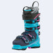 WVeloce105MV- A Dalbello ski boot in a vibrant turquoise and navy blue colorway, featuring pink accents on the buckles and straps, a black cuff, and a gray fleece lining.