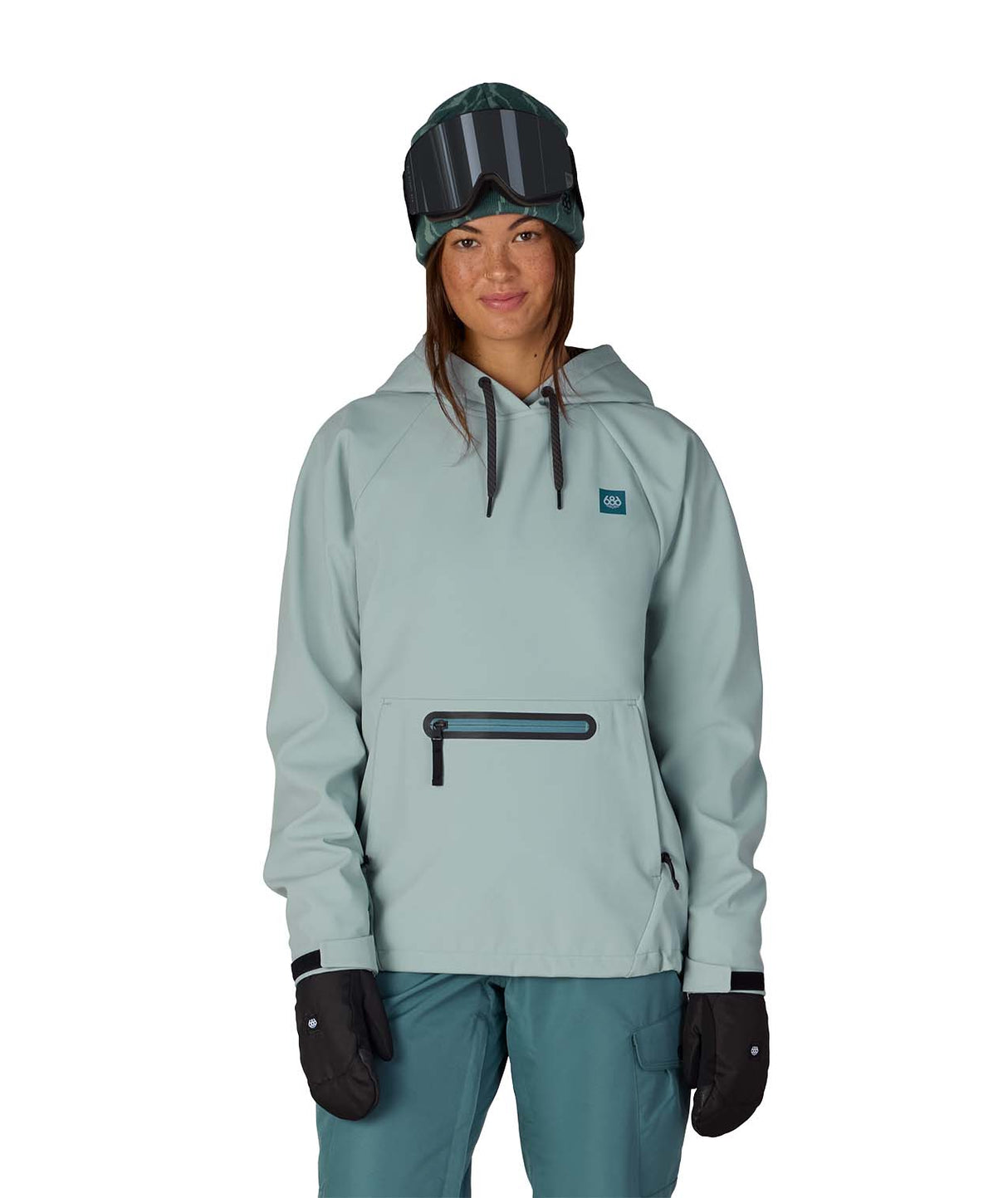 WWaterproofHoody-Person wearing a seafoam hoodie with a brand logo on a white background