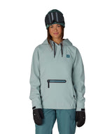 WWaterproofHoody-Person wearing a seafoam hoodie with a brand logo on a white background