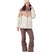 WWinterHavenJacket- Woman wearing a purple, cream, and white jacket on a white background