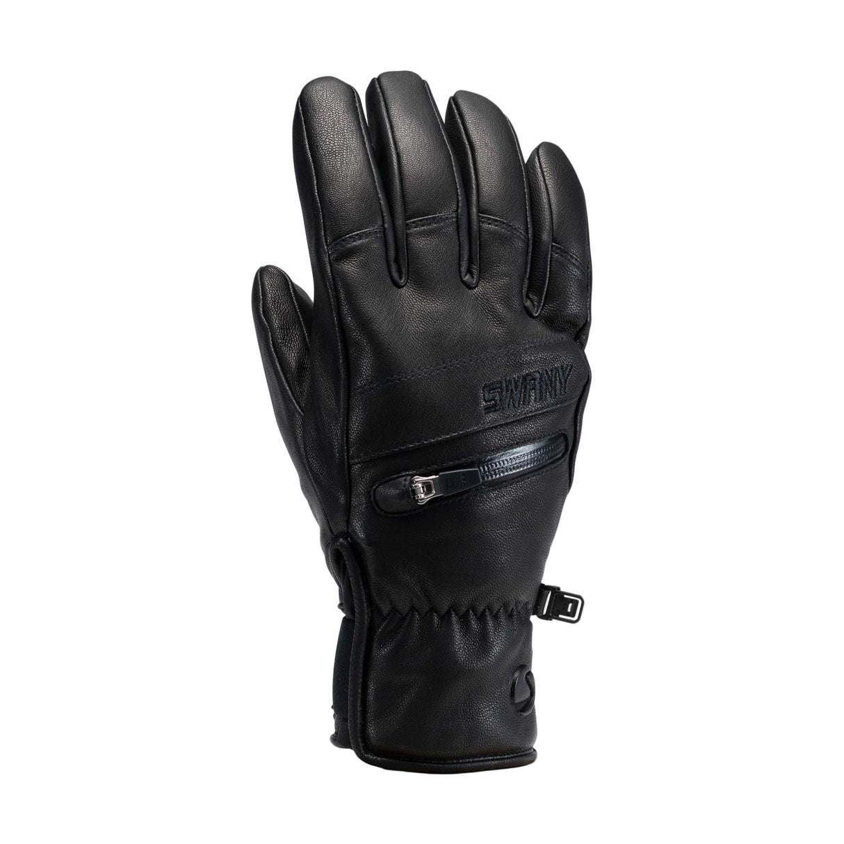 WX-CellUnderGlove-Black leather glove with a zipper on a white background