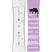 WYeasayerFlyingVSnowboard- Two views of a snowboard, topsheet is white and the base is purple with a black cat design, on a white background.