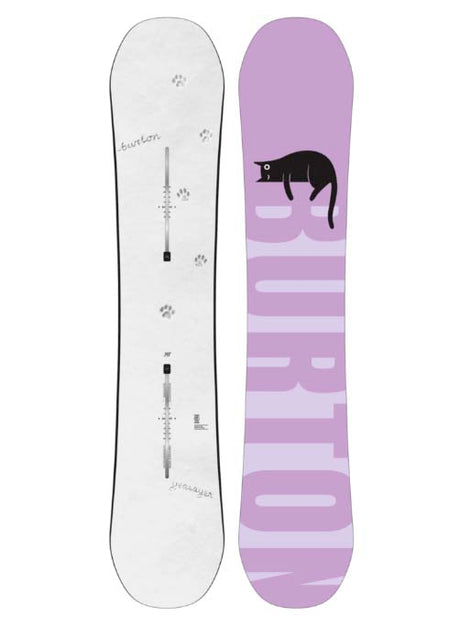 WYeasayerFlyingVSnowboard- Two views of a snowboard, topsheet is white and the base is purple with a black cat design, on a white background.