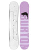 WYeasayerFlyingVSnowboard- Two views of a snowboard, topsheet is white and the base is purple with a black cat design, on a white background.