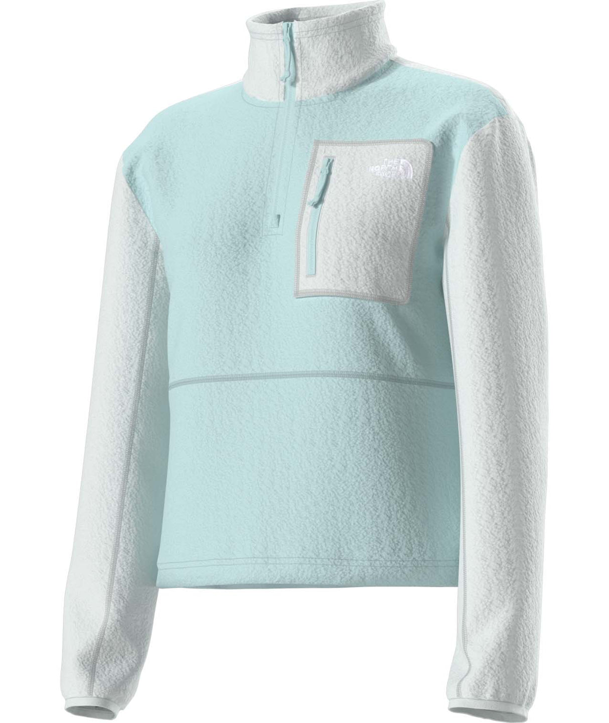 WYumiori1_4Zip-Light blue fleece pullover with a white pocket and sleeves on a white background