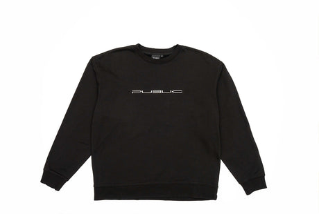 WarpCrewneck-A black crewneck sweatshirt with the word 'PUBLIC' printed in white across the chest, displayed flat against a solid white background.