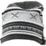 WesleyHat- A gray and white knit beanie hat with horizontal stripes and geometric patterns, shown against a plain white background.