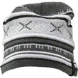 WesleyHat- A gray and white knit beanie hat with horizontal stripes and geometric patterns, shown against a plain white background.