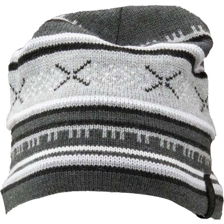 WesleyHat- A gray and white knit beanie hat with horizontal stripes and geometric patterns, shown against a plain white background.