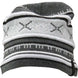 WesleyHat- A gray and white knit beanie hat with horizontal stripes and geometric patterns, shown against a plain white background.