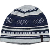 WesleyHat- A knit beanie hat featuring a geometric pattern in navy blue, light gray, and white, with a small black brand tag on the side.