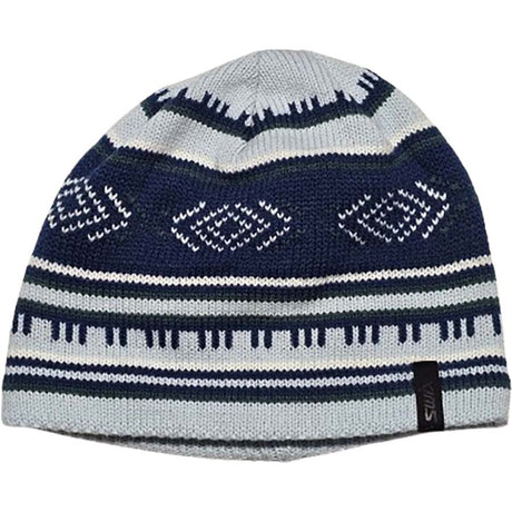 WesleyHat- A knit beanie hat featuring a geometric pattern in navy blue, light gray, and white, with a small black brand tag on the side.