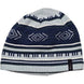 WesleyHat- A knit beanie hat featuring a geometric pattern in navy blue, light gray, and white, with a small black brand tag on the side.