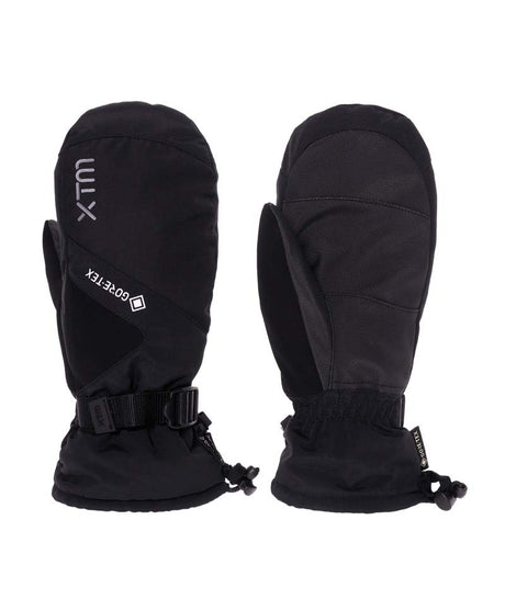 WhistlerIIMitt-A pair of black XTM GORE-TEX mittens shown against a plain white background, displaying both the back of one mitten and the palm side of the other.