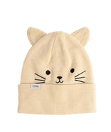 Wildlings-Beige cat-themed beanie with ears and facial features on a white background