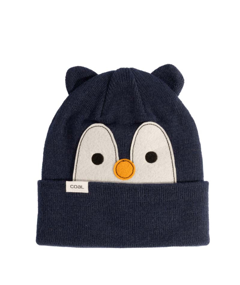 Wildlings-Navy blue baby hat with penguin design and COAL label on a white background