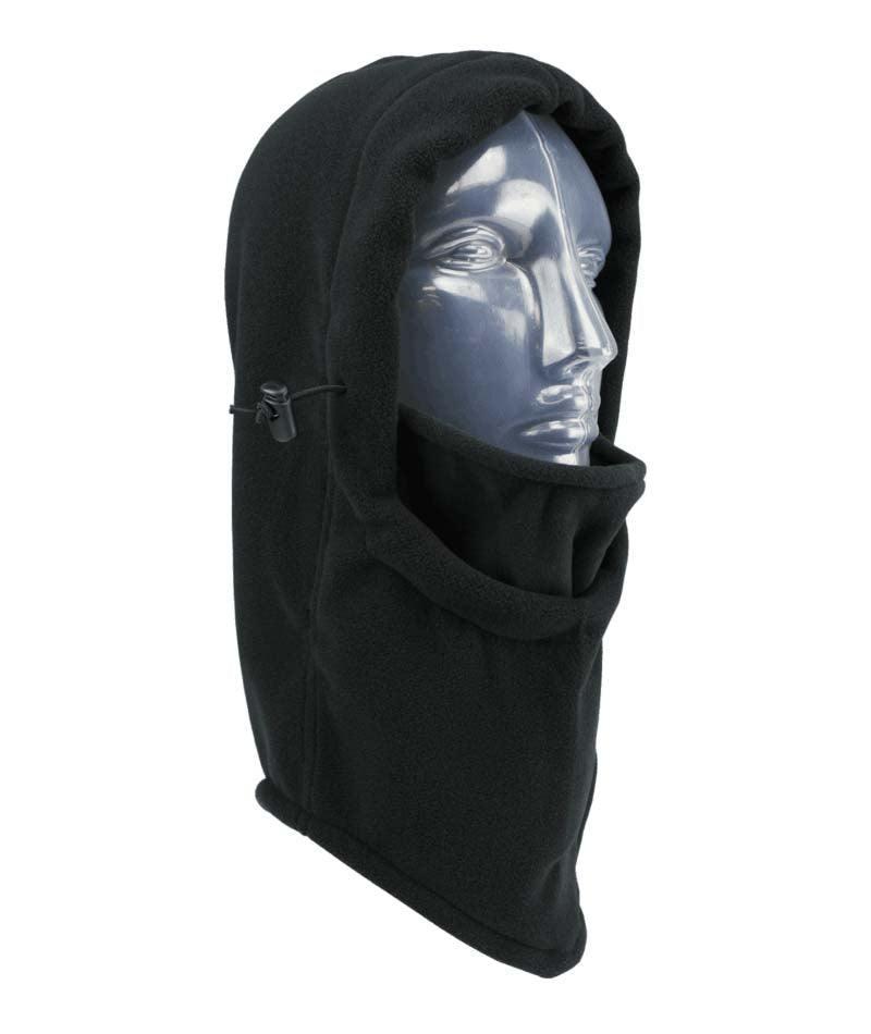 WindProXtremeHood- Black balaclava that fits over a helmet shown on a white background