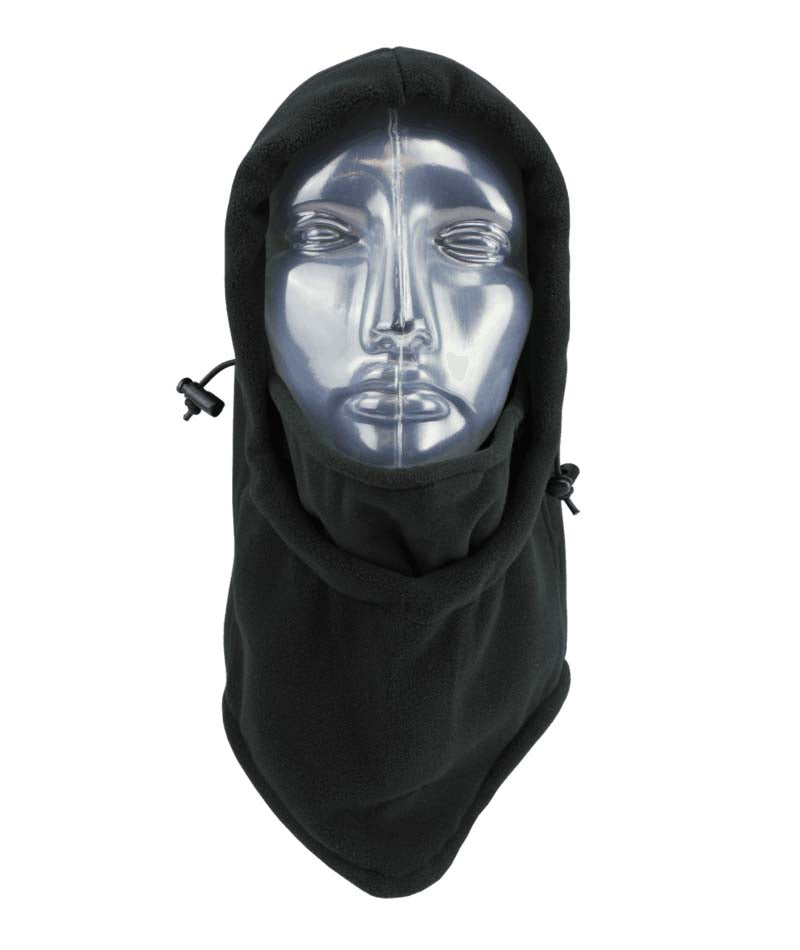 WindProXtremeHood- Black balaclava that fits over a helmet shown on a white background