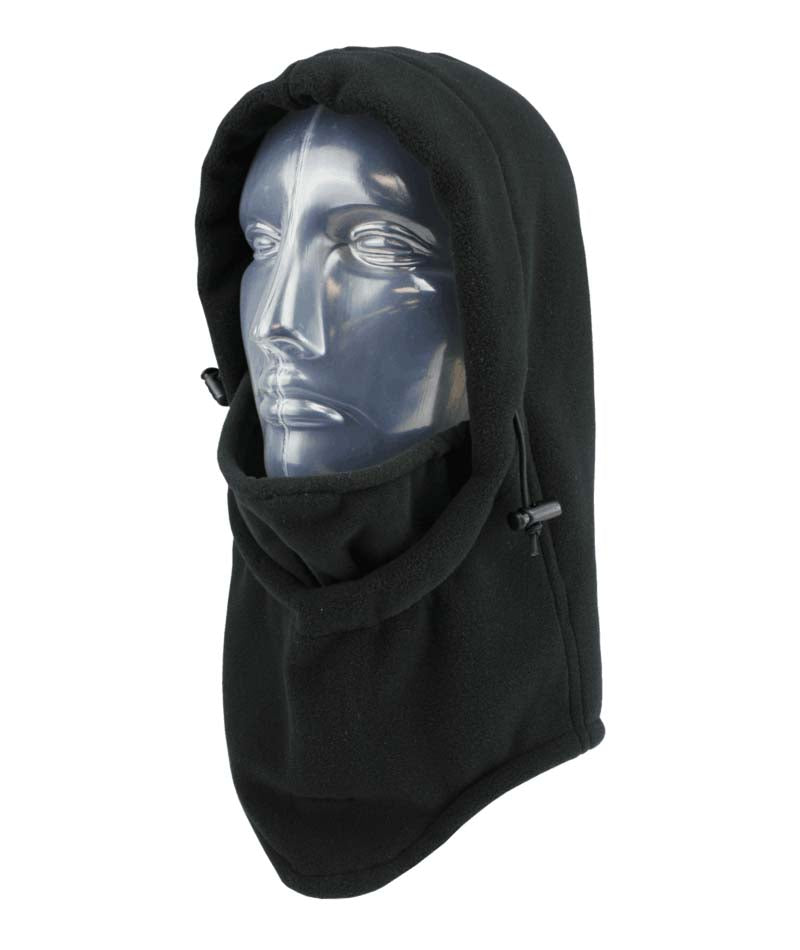 WindProXtremeHood- Black balaclava that fits over a helmet shown on a white background