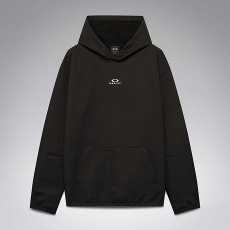 WintertideScratchedHoodie-A black pullover hoodie with a small white Oakley logo on the left chest, displayed against a neutral gray gradient background.
