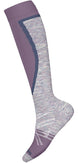 WSkiFullCushionOTCSocks-Knee-high sock with purple and gray pattern on a white background