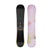 Wonder- Black snowboard with a multi colored design in the center with a light pink and yellow base shown on a white background