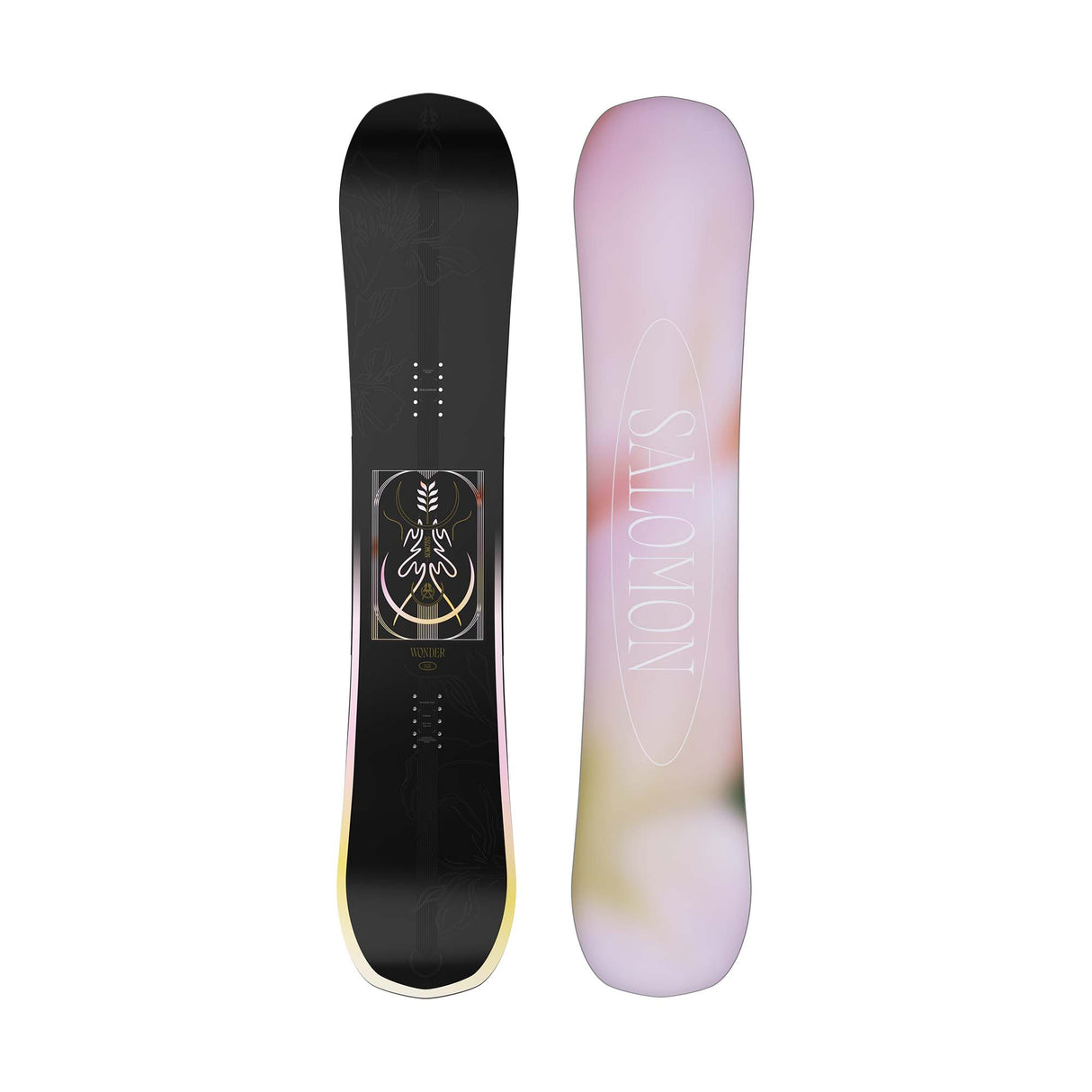 Wonder- Black snowboard with a multi colored design in the center with a light pink and yellow base shown on a white background