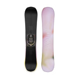 Wonder- Black snowboard with a multi colored design in the center with a light pink and yellow base shown on a white background