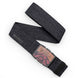 Woody-Black web belt with a mountain design buckle on a white background