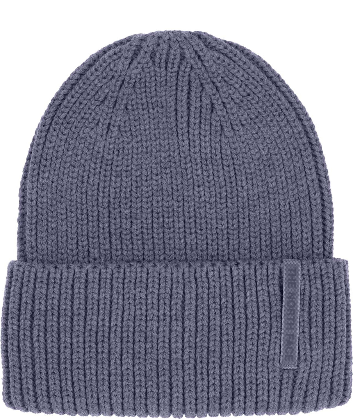 WoolBlendBeanie- Blue knit beanie with a brand label on a white background
